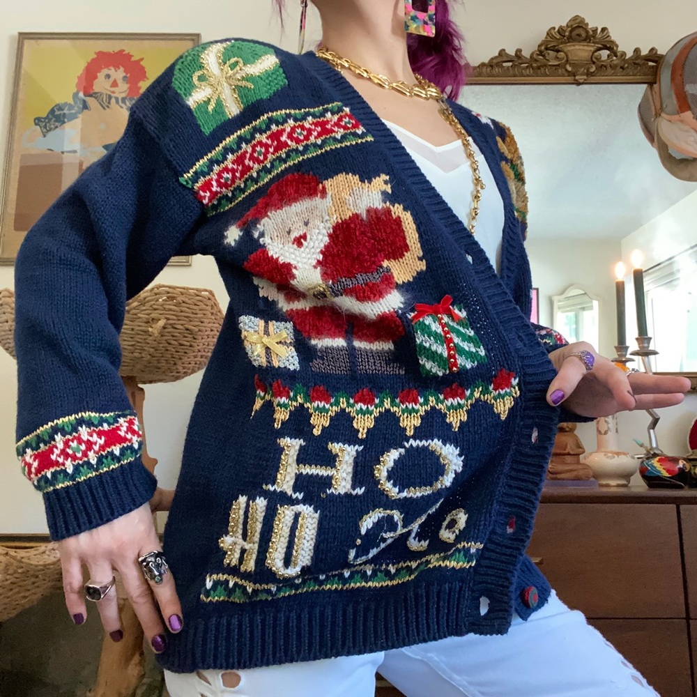 vintage 90s cotton/ramie navy knit christmas cardigan / size small